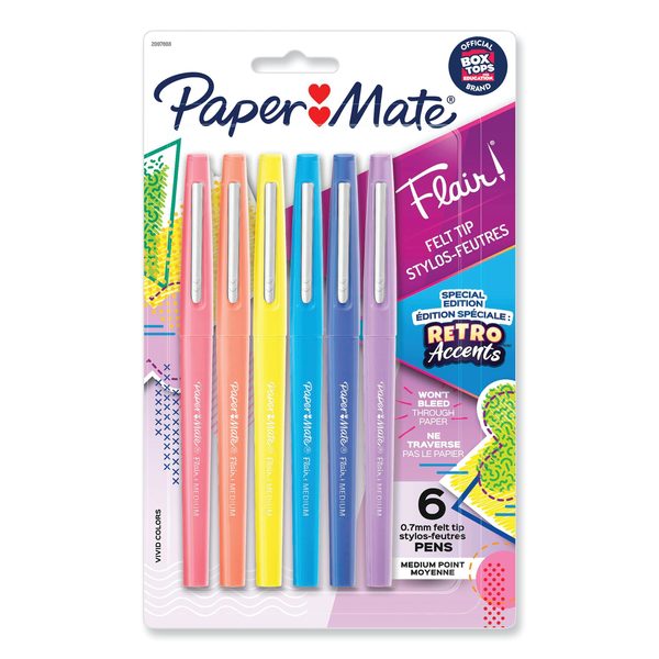 Paper Mate Flair Felt Tip Porous Point Pen, Stick, Medium 0.7 mm, Assorted Colors with Retro Accents, 6PK 2097888